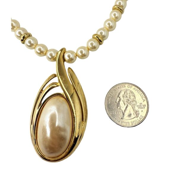 Vintage Napier Faux Pearl Gold Tone Pendant Necklace 24" - Picture 12 of 13